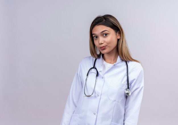 Médico tímido joven hermosa mujer vestida con bata blanca con estetoscopio