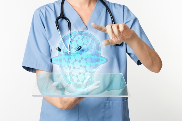 Foto gratuita médicos que utilizan tableta transparente con tecnología médica de holograma.