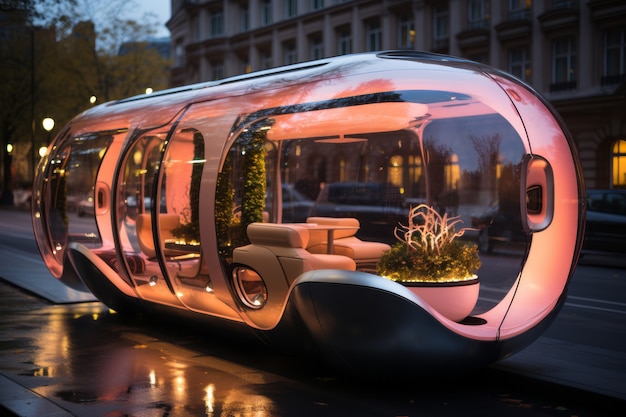 Medio de transporte futurista en una ciudad ultra moderna