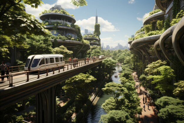 Medio de transporte futurista en una ciudad ultra moderna