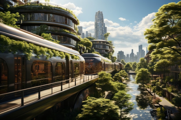 Foto gratuita medio de transporte futurista en una ciudad ultra moderna