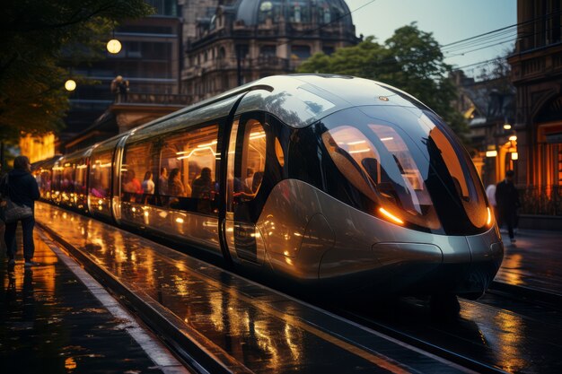 Medio de transporte futurista en una ciudad ultra moderna