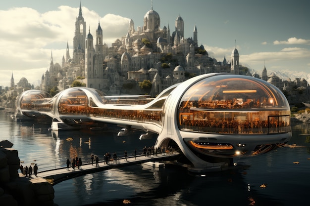 Medio de transporte futurista en una ciudad ultra moderna