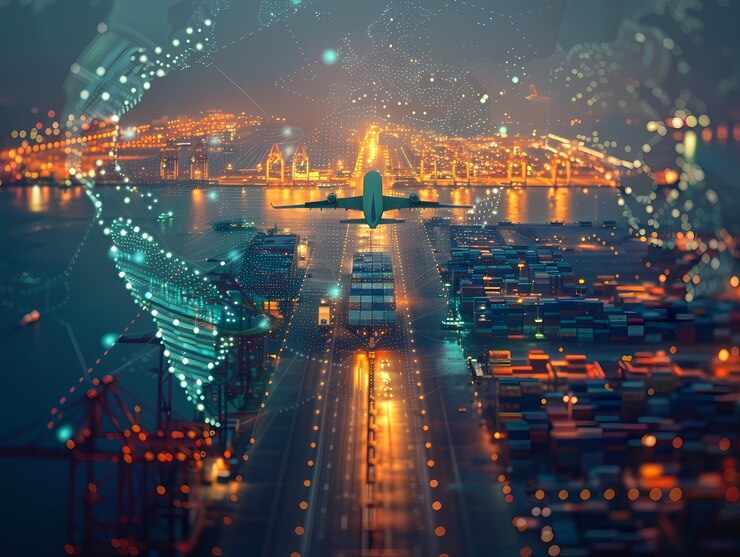 Foto gratuito medios de transporte logísticos junto con hologramas tecnológicos y futuristas