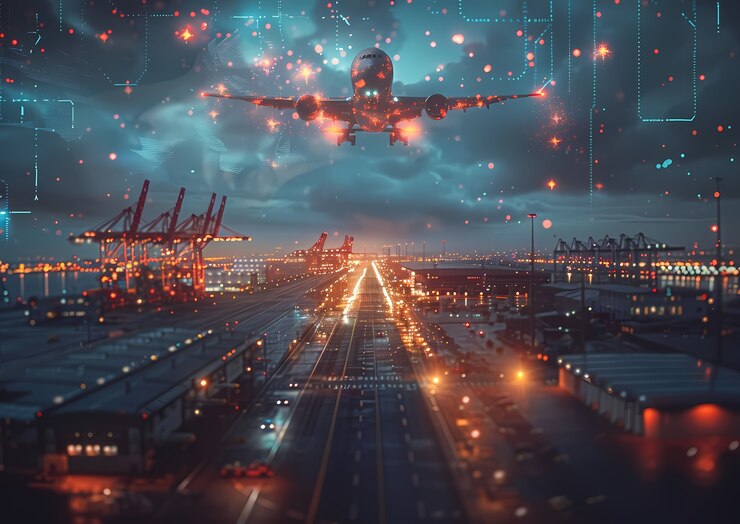 Foto gratuito medios de transporte logísticos junto con hologramas tecnológicos y futuristas