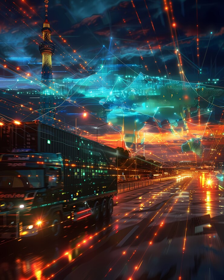 Foto gratuito medios de transporte logísticos junto con hologramas tecnológicos y futuristas