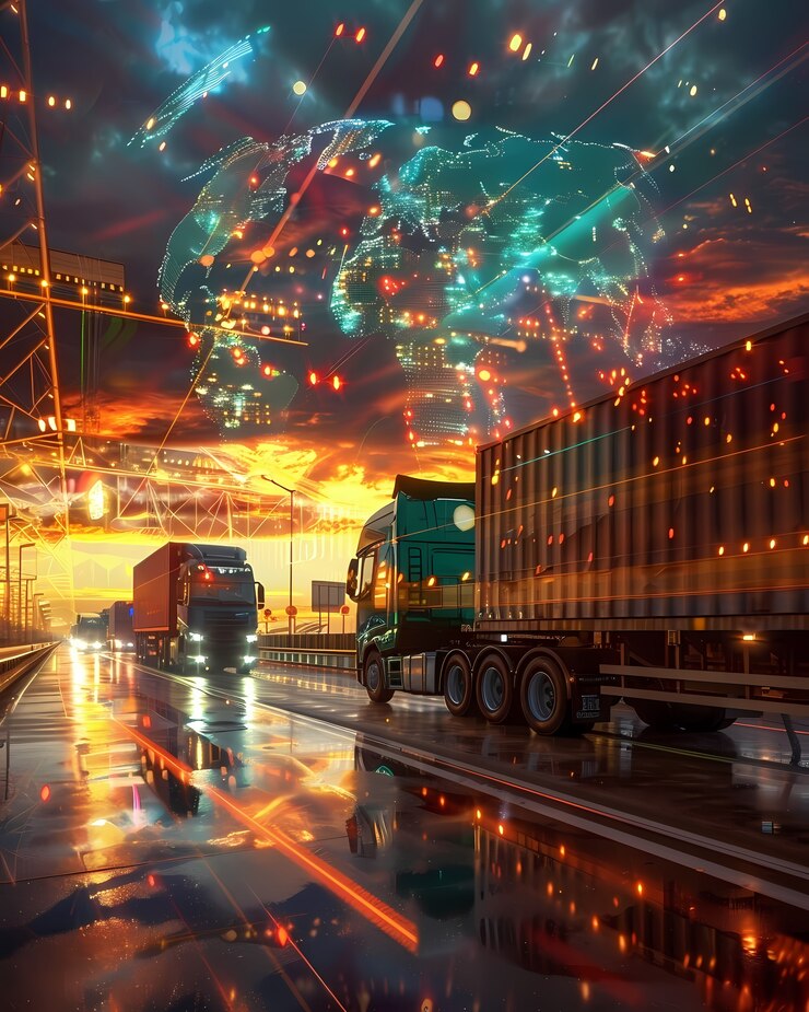 Foto gratuito medios de transporte logísticos junto con hologramas tecnológicos y futuristas
