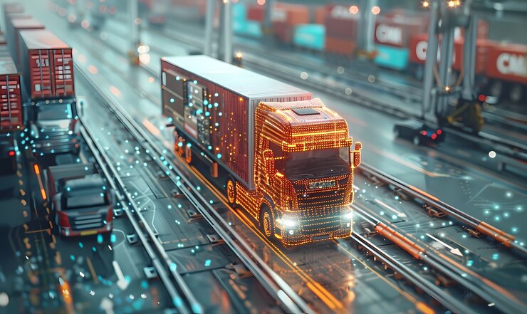 Foto gratuito medios de transporte logísticos junto con hologramas tecnológicos y futuristas