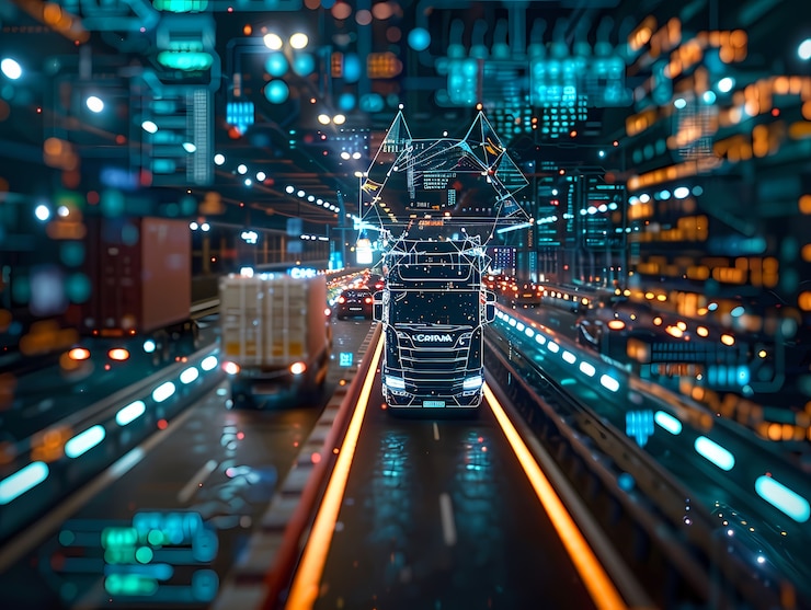 Foto gratuito medios de transporte logísticos junto con hologramas tecnológicos y futuristas