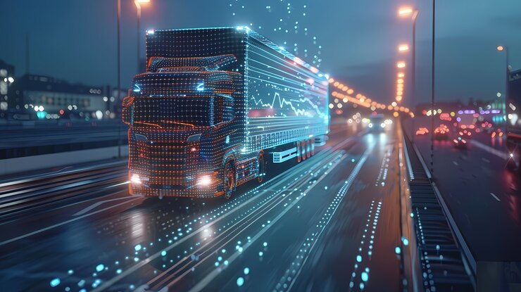 Foto gratuito medios de transporte logísticos junto con hologramas tecnológicos y futuristas
