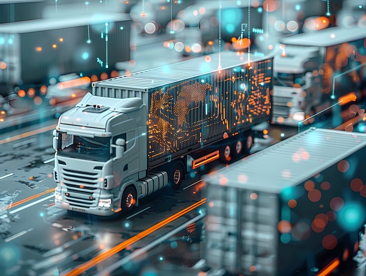 Foto gratuito medios de transporte logísticos junto con hologramas tecnológicos y futuristas