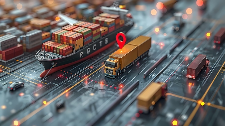 Foto gratuito medios de transporte logísticos junto con hologramas tecnológicos y futuristas
