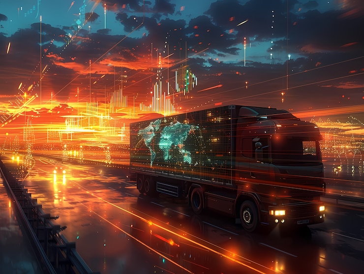 Foto gratuito medios de transporte logísticos junto con hologramas tecnológicos y futuristas
