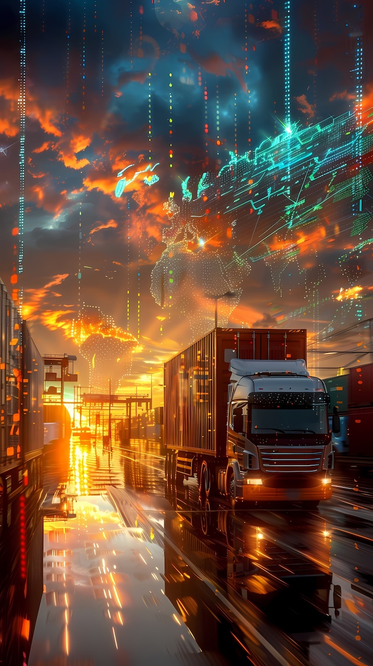 Foto gratuito medios de transporte logísticos junto con hologramas tecnológicos y futuristas