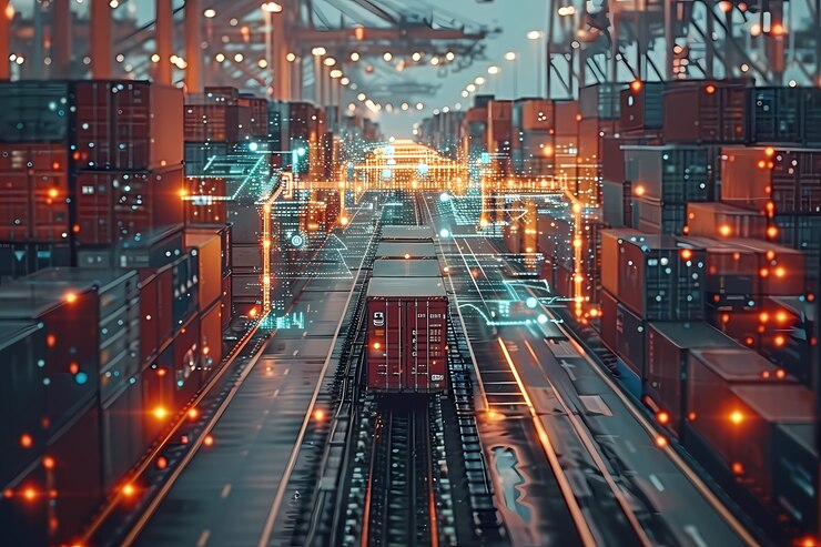 Foto gratuito medios de transporte logísticos junto con hologramas tecnológicos y futuristas
