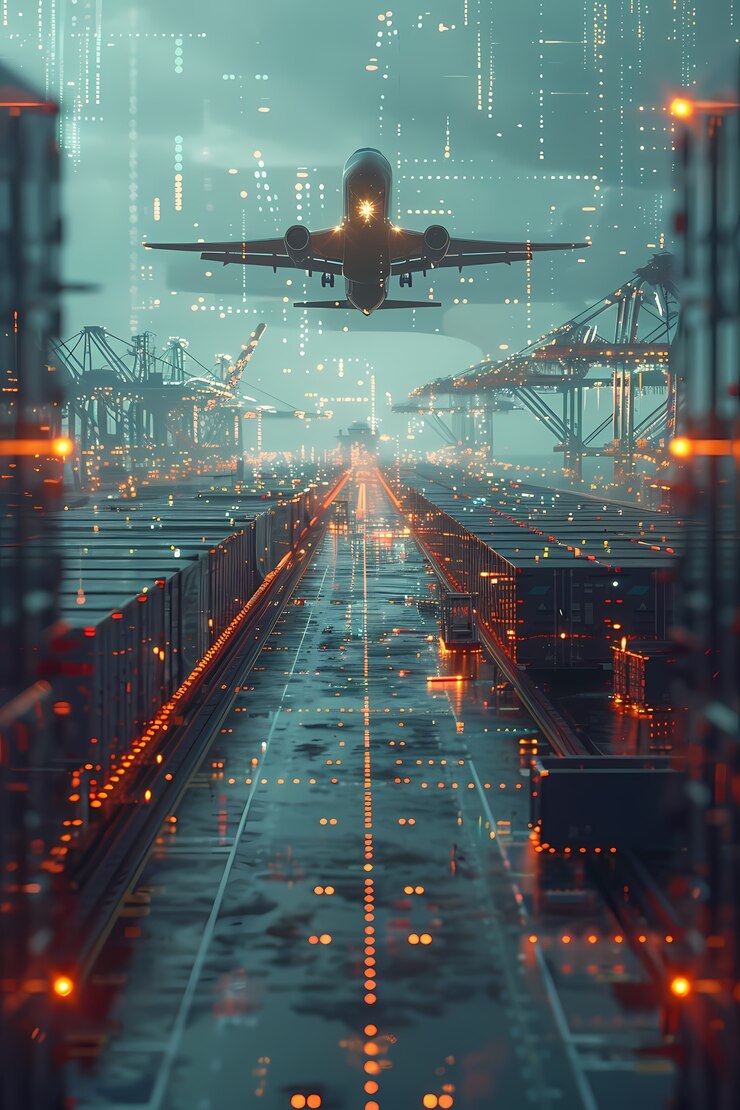 Foto gratuito medios de transporte logísticos junto con hologramas tecnológicos y futuristas