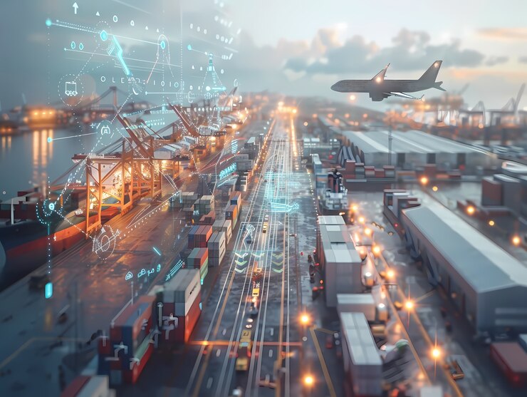 Foto gratuito medios de transporte logísticos junto con hologramas tecnológicos y futuristas