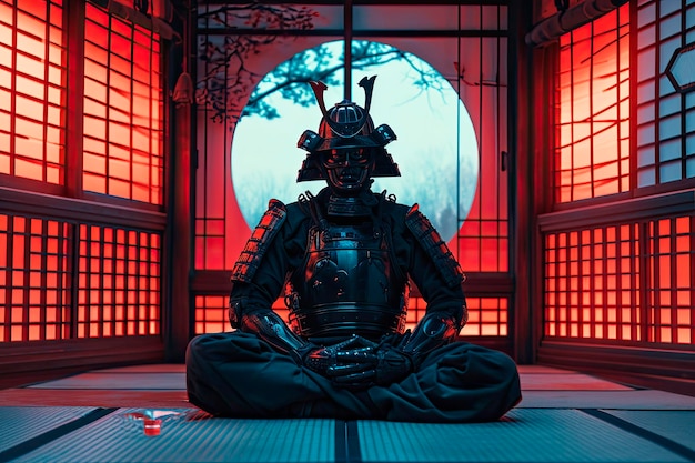 Meditación samurai en casa tradicional japonesa.