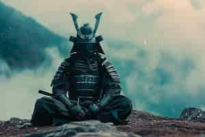 Foto gratuita meditación samurai en la cima de una montaña