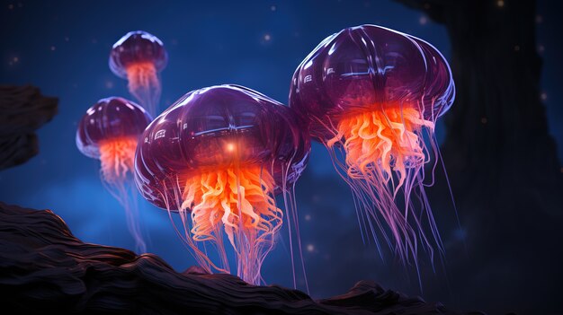 Medusas brillantes bajo el agua