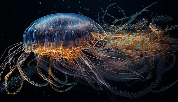 Foto gratuito medusas de luna resplandeciente levitan en un misterio submarino generado por ia
