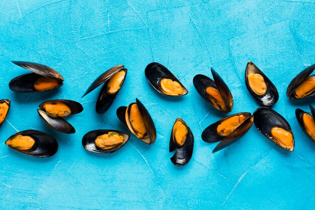 Mejillones cocidos en posición plana esparcidos sobre la mesa.