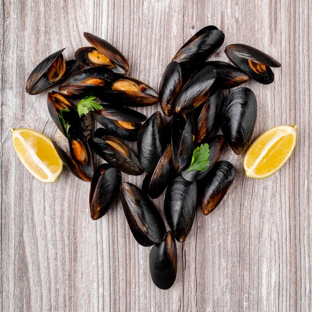 Mejillones en concepto de forma de corazón