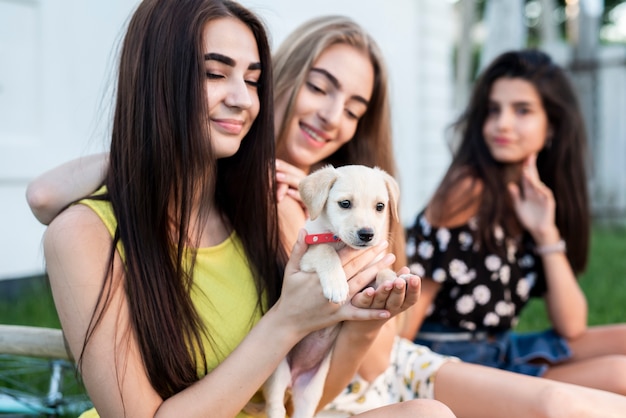 Mejores amigos jugando con perro lindo