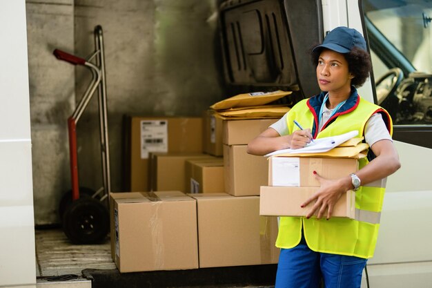 Mensajero afroamericano femenino preparándose para la entrega y comprobando la lista de paquetes por furgoneta de reparto