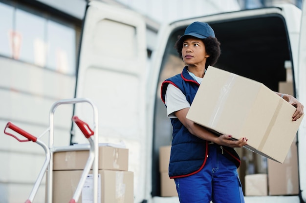 Mensajero femenino negro descargando cajas de cartón de una furgoneta mientras realiza una entrega en la ciudad