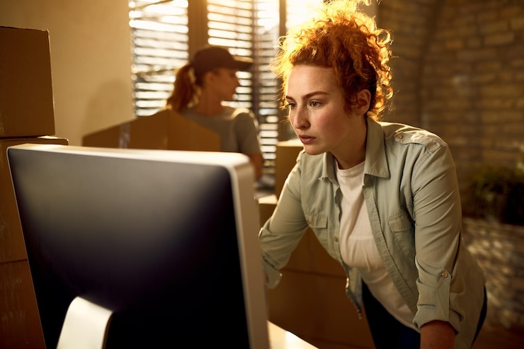 Foto gratuito mensajero femenino que usa computadora y lee datos para la entrega de paquetes mientras trabaja en la oficina su compañero de trabajo está en el fondo