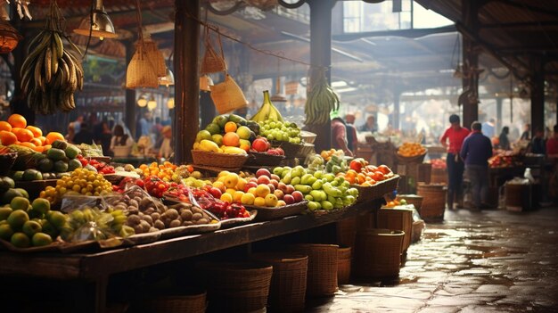 Un mercado de frutas con puestos y clientes.