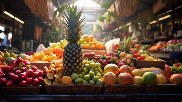 Un mercado de frutas con puestos y clientes.