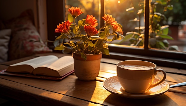 Foto gratuita una mesa acogedora junto a la ventana, una taza de café y un libro generados por inteligencia artificial.