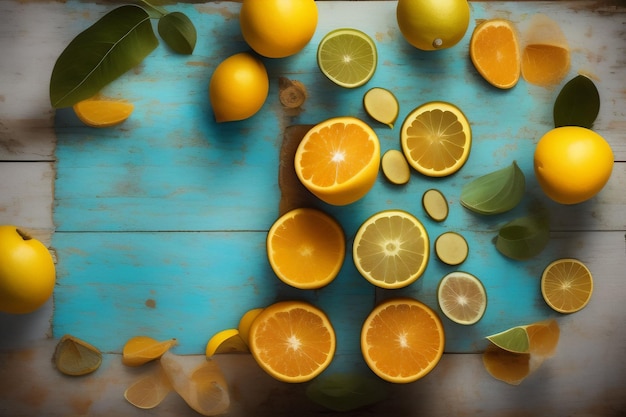 Una mesa azul con varias frutas diferentes, incluidos limones, limas y limas.