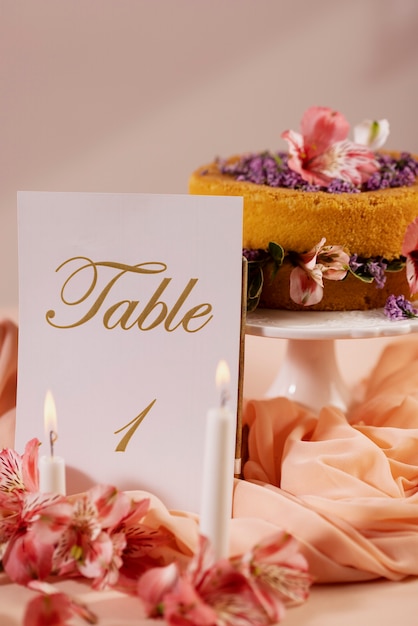 Mesa de boda con pastel y arreglo de tarjetas.