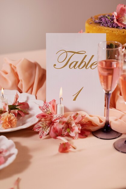 Mesa de boda con pastel y tarjeta.