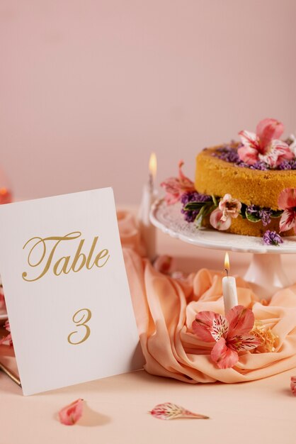 Mesa de bodas con sabroso pastel y tarjeta de alto ángulo