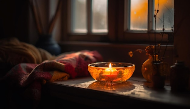 Mesa brillante con llama encendida de velas decorada en amarillo generada por IA