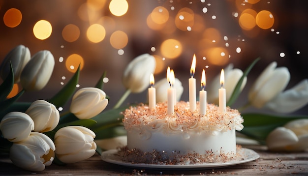 Foto gratuita mesa de celebración adornada con flor de vela de postre y decoración generada por inteligencia artificial