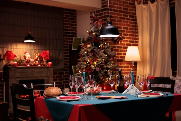 Mesa de comedor servida en Navidad, hermoso lugar decorado, preparación de celebración de vacaciones de invierno. Copas de vino, platos, velas, vajilla sobre mantel tradicional