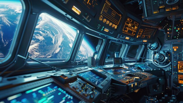 Mesa de control de una nave espacial desde el interior