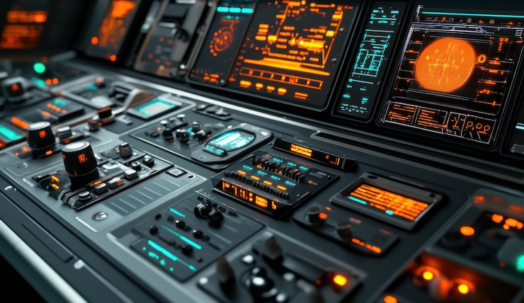 Foto gratuito mesa de control de una nave espacial desde el interior