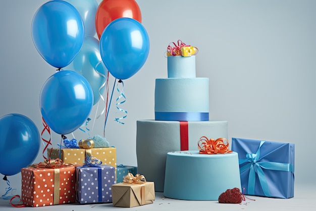Mesa de cumpleaños con torta azul globos y regalos generativo Ai