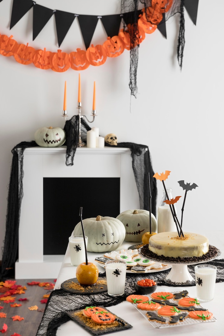Foto gratuito mesa con golosinas y decoraciones de fiesta de halloween