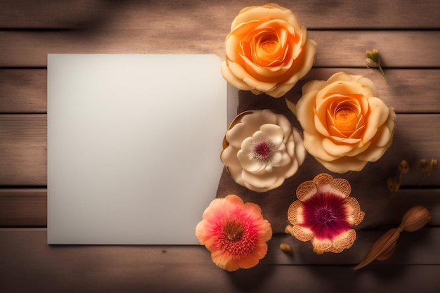 Foto gratuita una mesa con una hoja blanca de papel y flores encima.