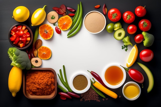 Una mesa llena de comida incluyendo verduras y frutas.