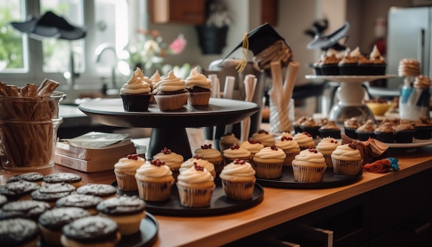 Una mesa llena de cupcakes con un gorro de graduación encima