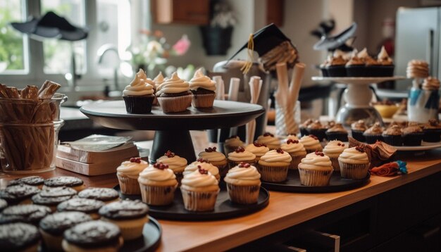 Una mesa llena de cupcakes con un gorro de graduación encima