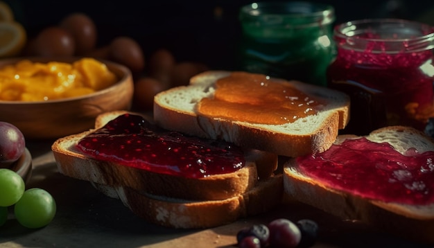 Foto gratuita una mesa llena de pan y fruta con un tarro de mermelada encima